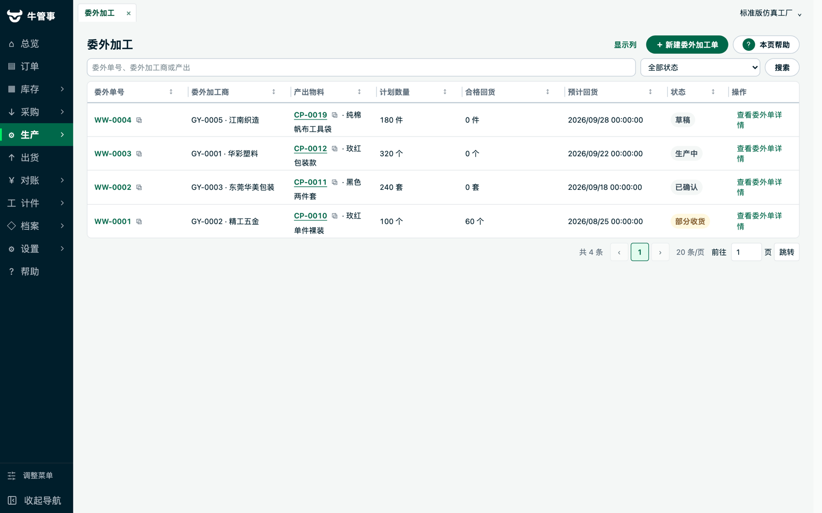 牛管事委外加工列表：加工商、回货进度与状态