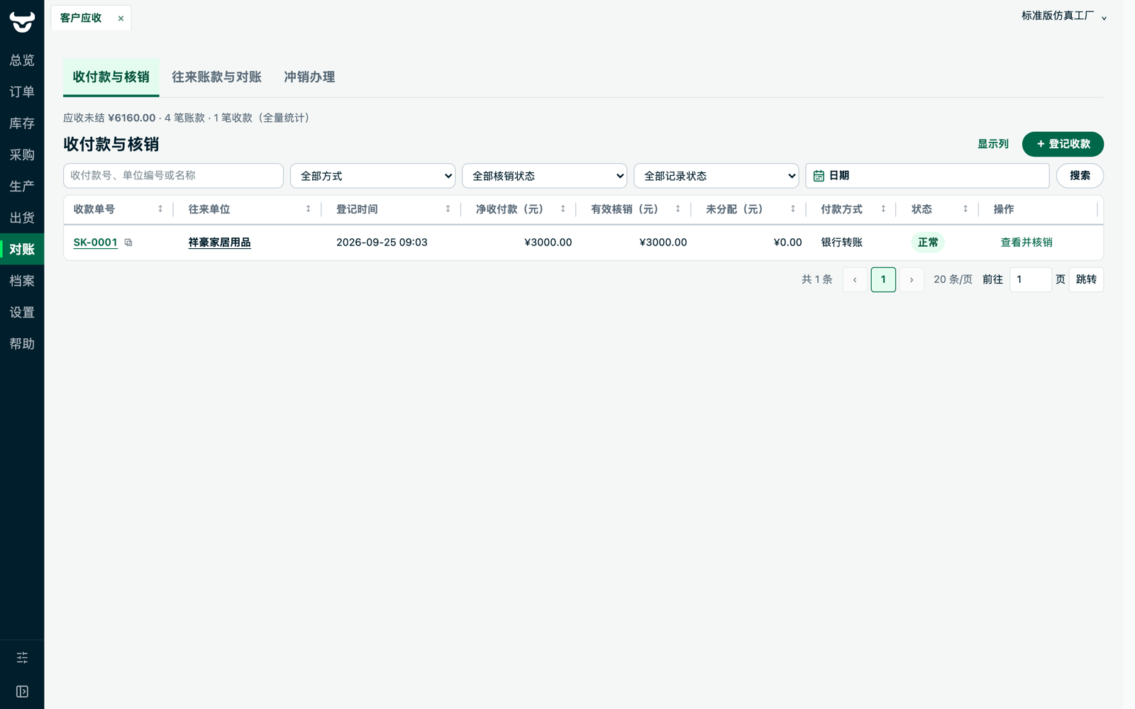 牛管事收付款与核销页：收款单登记与核销状态